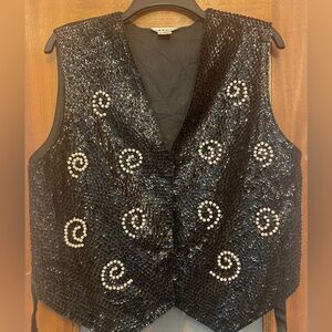 Creazioni Effeci Black Sequined And Pearl Beaded Front Sleeveless Vest Large